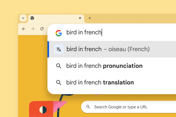 The Google search page with a picture of a bird and a search for “Bird in French” with the result “oiseau”